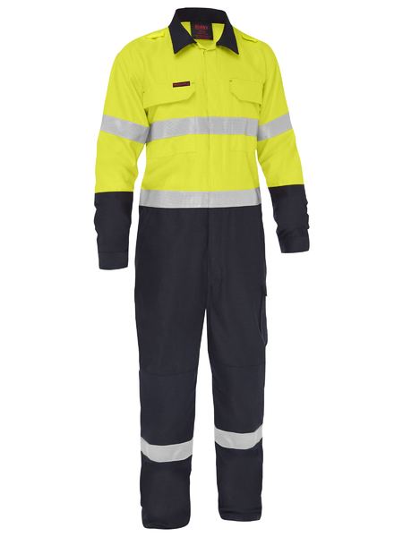 Bisley Apex 185/240 Taped Hi-Vis FR Vented Coverall – Yellow/Navy – front
